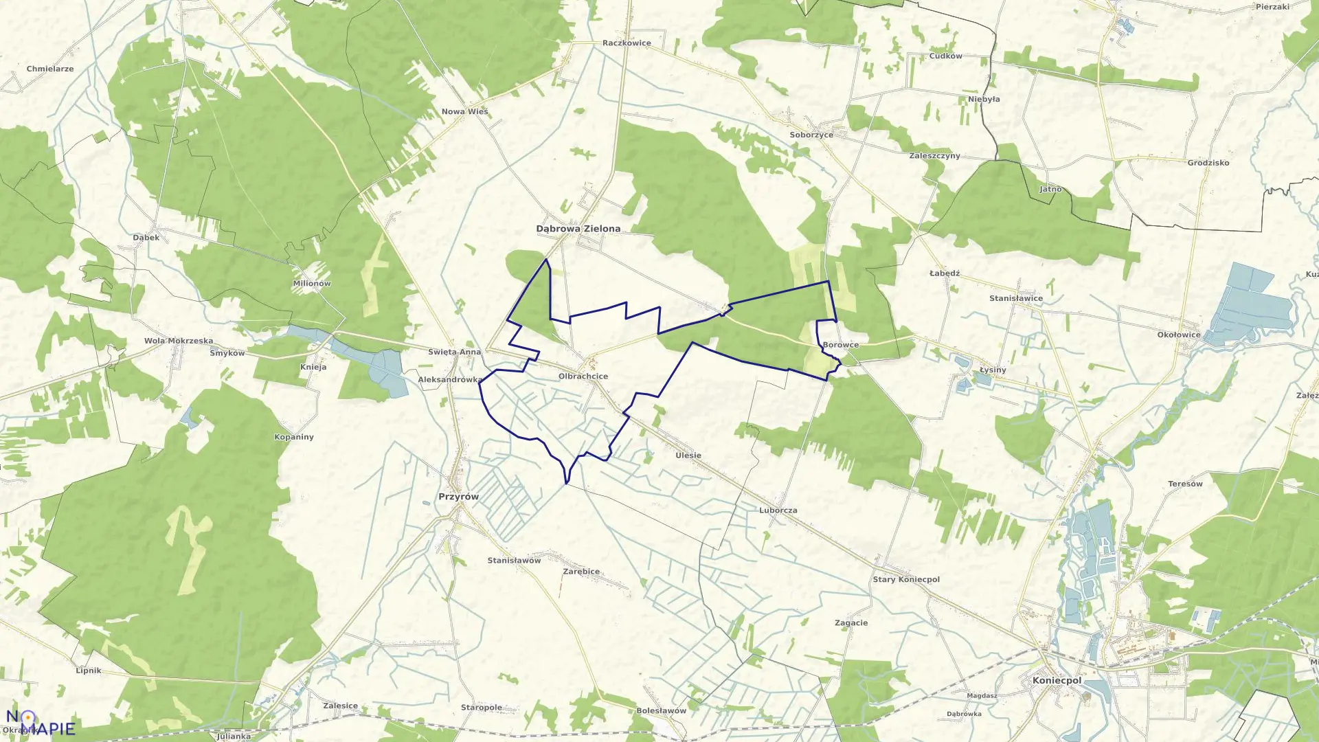 Mapa obrębu Olbrachcice w gminie Dąbrowa Zielona