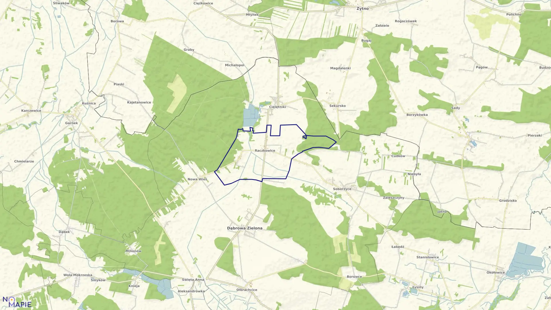 Mapa obrębu Raczkowice w gminie Dąbrowa Zielona
