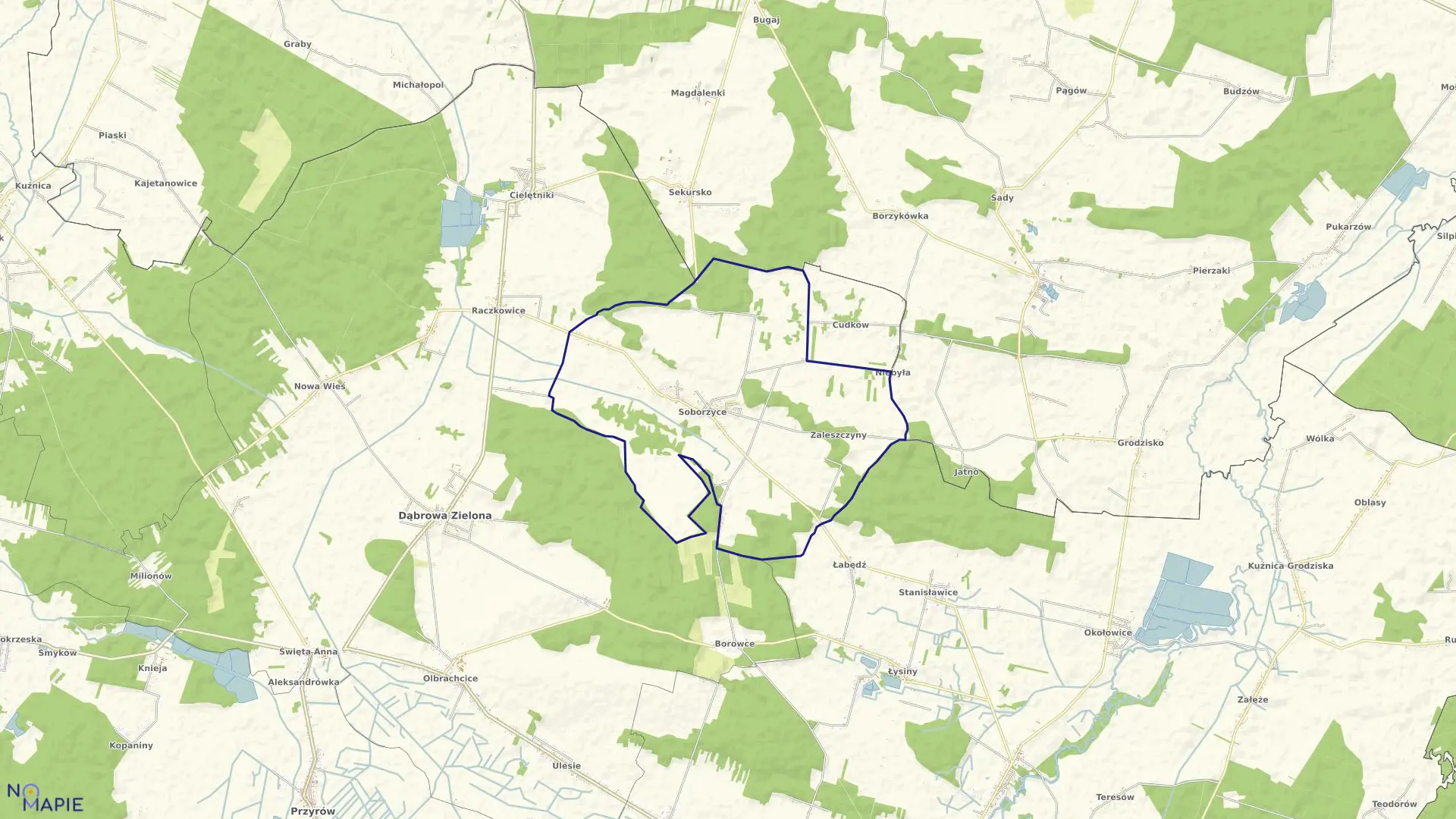 Mapa obrębu Soborzyce w gminie Dąbrowa Zielona